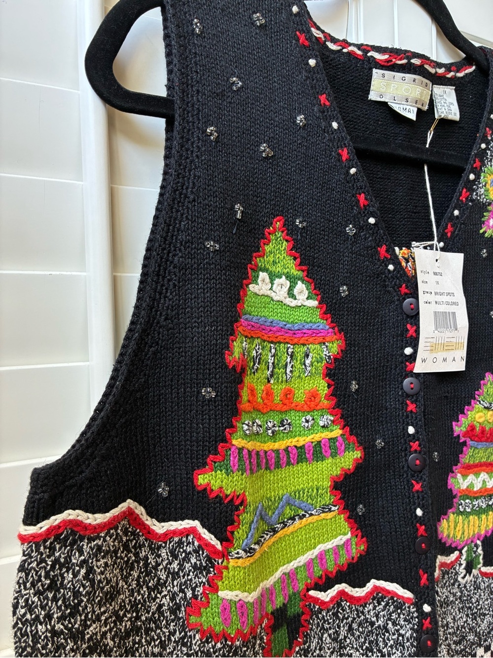Deadstock vintage NWT Sigrid Olsen Sport Christmas Tree holiday sweater Vest 1x - Picture 8 of 16